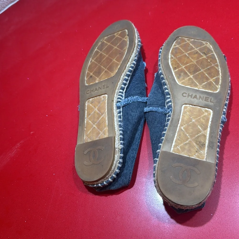 CHANEL Black Denim Espadrille Flats with CC Logo